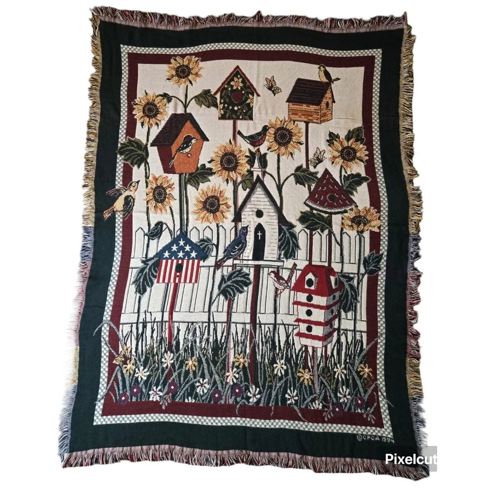 Vintage CPCA 1994 Woven Tapestry Throw Blanket Birdhouses Sunflowers Birds USA‎